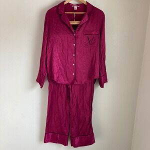 Victorias Secret Pajama Set L Pink Satin Polka Dot Button Front Long Sleeve PJ